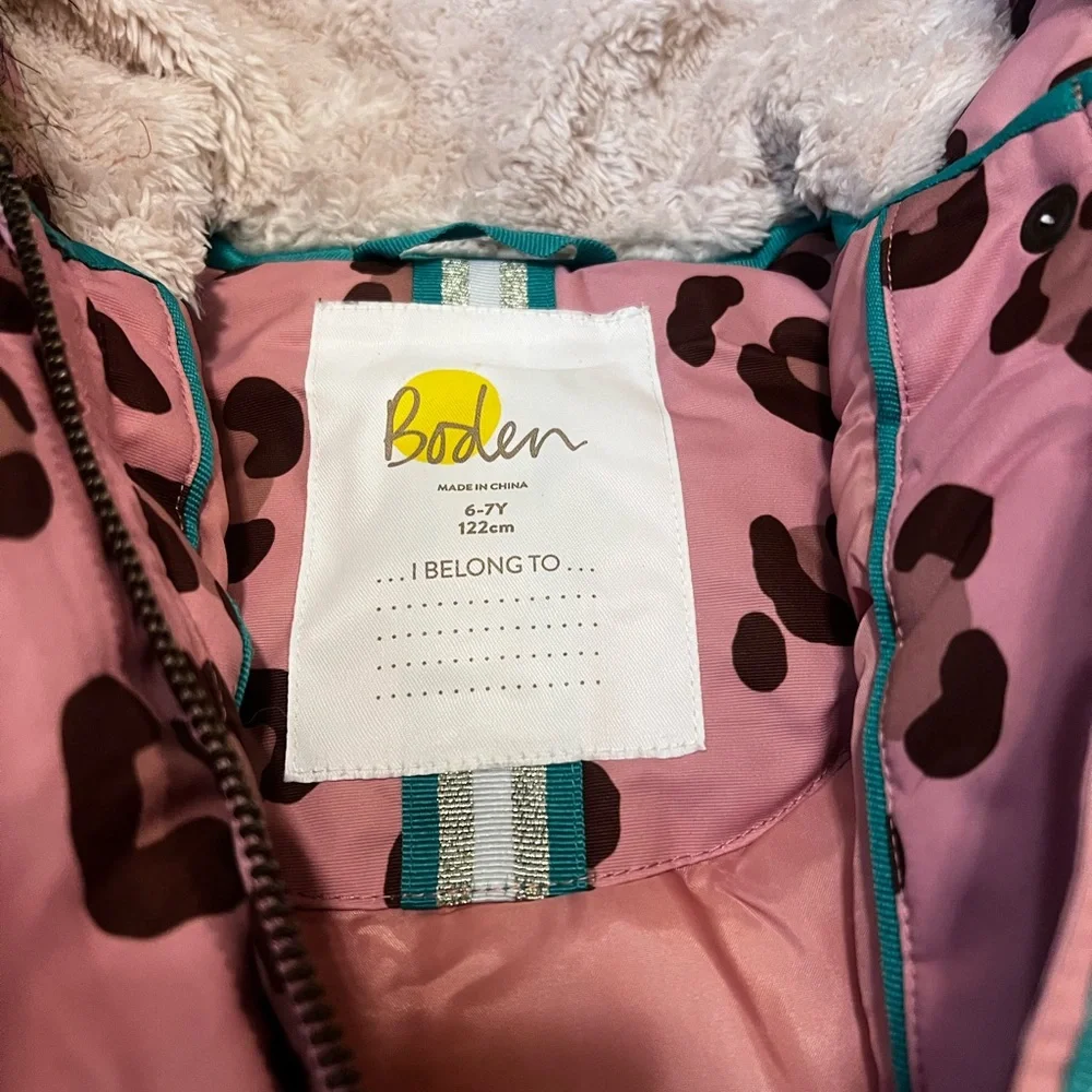 Mini Boden Pink Leopard Print Puffer Jacket Size 6-7 - Picture 3 of 6